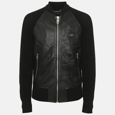 Pre-owned Dolce & Gabbana Black Leather And Rib Knit Jacket S