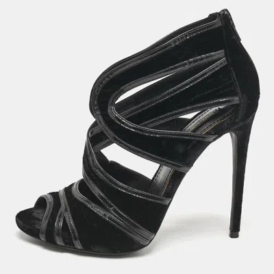 Pre-owned Dolce & Gabbana Black Leather And Velvet Cut Out Peep Toe Sandals Size 40