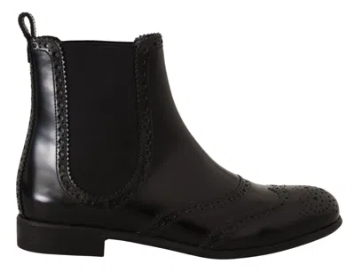 Dolce & Gabbana Black Leather Ankle High Flat Boots Women's Shoes