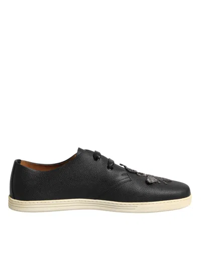 Dolce & Gabbana Black Leather Bee Crown Low Top Sneakers Men's Shoes