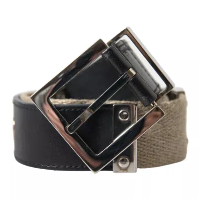 Pre-owned Dolce & Gabbana Black Leather Beige Strap Silver Metal Buckle Men's Belt ()