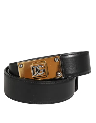 Dolce & Gabbana Black Leather Classic Metal Logo Buckle Men's Belt