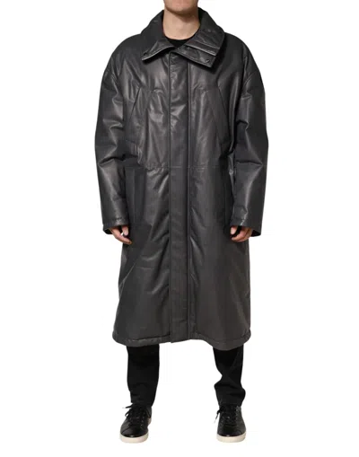 Pre-owned Dolce & Gabbana Black Leather Collared Trench Coat Men's Jacket ()