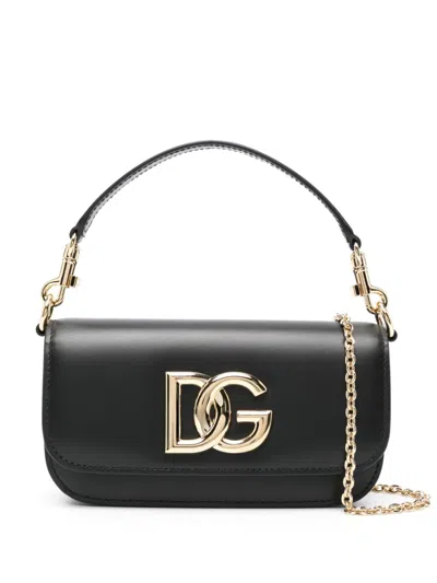 Dolce & Gabbana Black Leather Crossbody Handbag With Chain Strap And Foldover Top