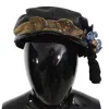 Dolce & Gabbana Black Leather Crystal Beads Gold Ribbon Fiddler Cap In Black