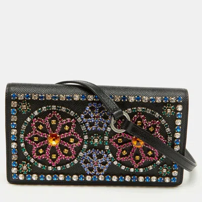 Pre-owned Dolce & Gabbana Black Leather Crystal Embellished Flap Crossbody Bag