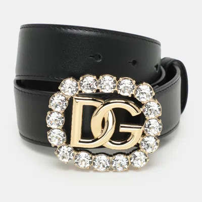 Pre-owned Dolce & Gabbana Black Leather Crystal Embellished Logo Belt 65cm