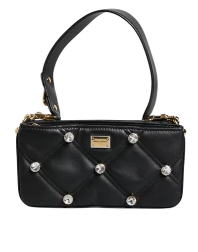 Dolce & Gabbana Black Leather Crystal Embellished Logo Shoulder Women's Bag