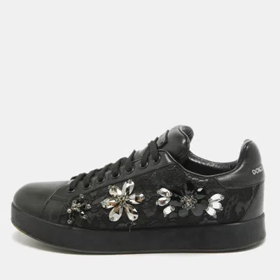 Pre-owned Dolce & Gabbana Black Leather Crystal Embellished Low Top Sneakers Size 39