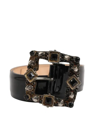 Dolce & Gabbana Black Leather Crystal Metal Buckle Women's Belt In Gold