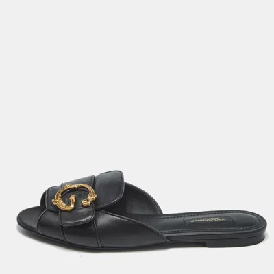 Pre-owned Dolce & Gabbana Black Leather Devotion Flat Slides Size 36.5