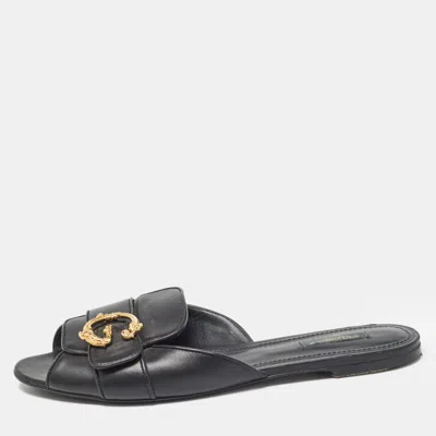 Pre-owned Dolce & Gabbana Black Leather Devotion Flat Slides Size 42