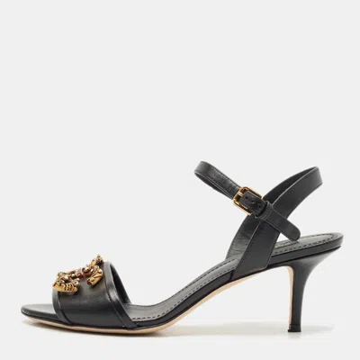 Pre-owned Dolce & Gabbana Black Leather Dg Amore Ankle Strap Sandals Size 38