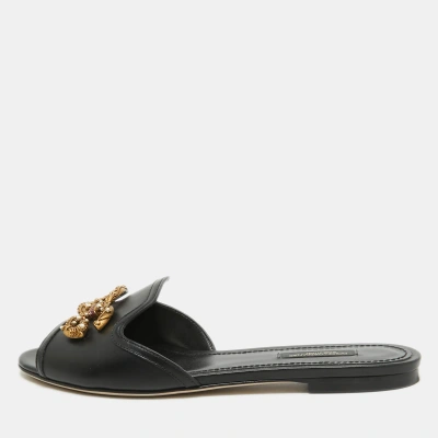 Pre-owned Dolce & Gabbana Black Leather Dg Amore Flat Slides Size 37