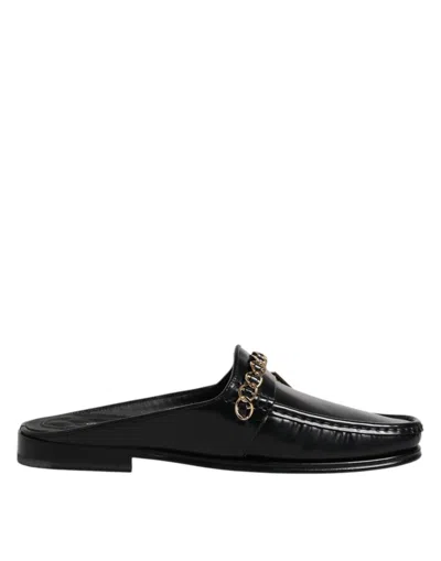 Dolce & Gabbana Black Leather Dg Chain Embellished Sandals Shoes