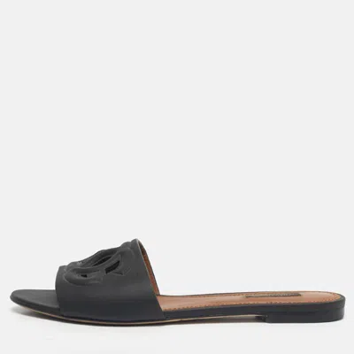 Pre-owned Dolce & Gabbana Black Leather Dg Cut Out Flat Slide Size 39.5