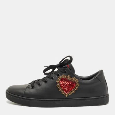 Pre-owned Dolce & Gabbana Black Leather Dg Heart Sneakers Size 39