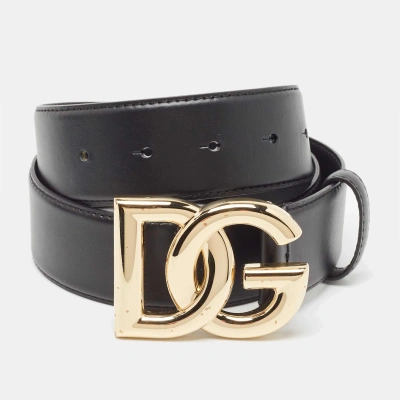 Pre-owned Dolce & Gabbana Black Leather Dg Logo Buckle Belt 80 Cm