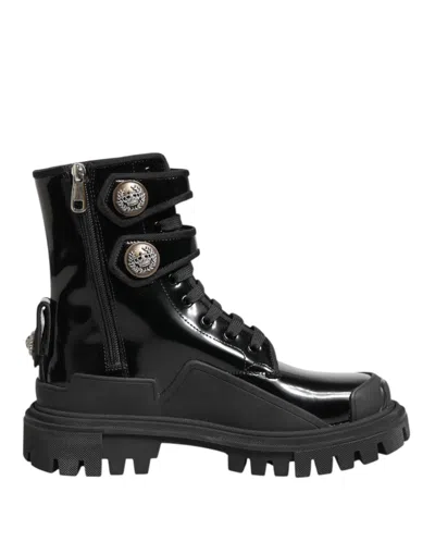 Dolce & Gabbana Black Leather Dg Logo Combat Ankle Boots Shoes