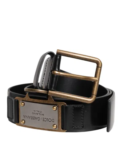 Pre-owned Dolce & Gabbana Black Leather Dg Logo Plaque Buckle Men's Belt ()