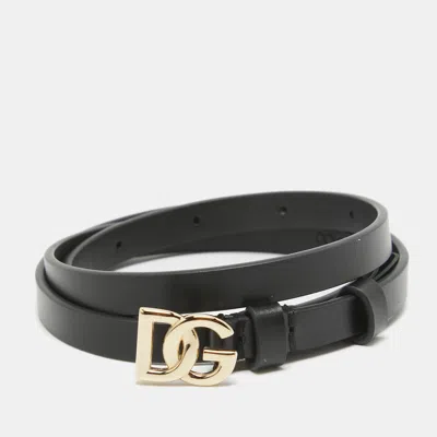 Pre-owned Dolce & Gabbana Black Leather Dg Logo Slim Belt 70 Cm