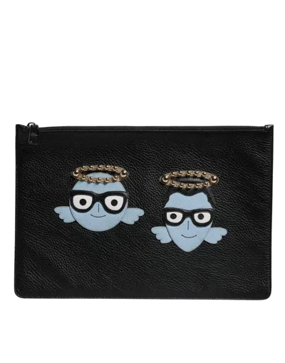 Dolce & Gabbana Black Leather #dgfamily Embellished Men Zip Pouch Men's Bag