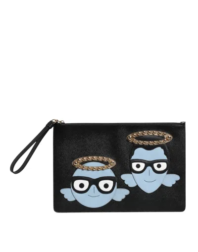 Dolce & Gabbana Black Leather #dgfamily Embellished Men Zip Pouch Men's Bag In Black And Blue