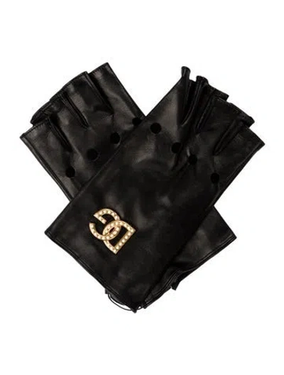 Pre-owned Dolce & Gabbana Black Leather  Gloves With Dg-logo At Front W/tags