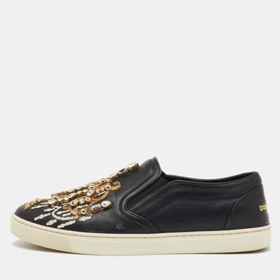 Pre-owned Dolce & Gabbana Black Leather Embellished Slip On Sneakers Size 39