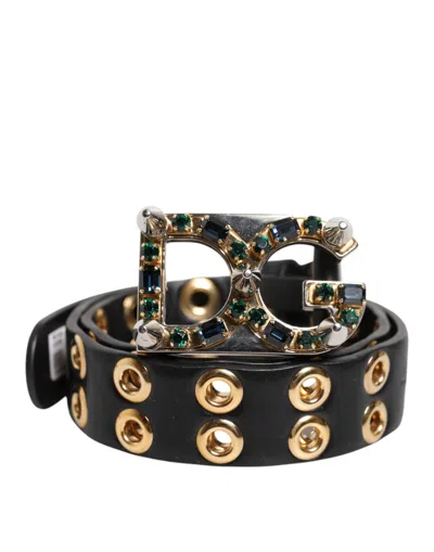 Pre-owned Dolce & Gabbana Black Leather Eyelet Crystal Dg Buckle Women's Belt ()