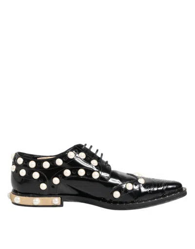 Pre-owned Dolce & Gabbana Black Leather Faux Pearl Dress Broque Women's Shoes ()