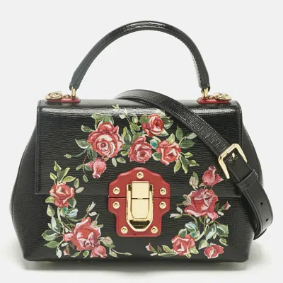 Pre-owned Dolce & Gabbana Black Leather Floral Lucia Top Handle Bag