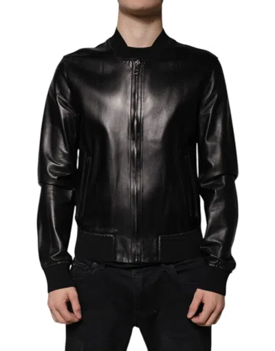 Pre-owned Dolce & Gabbana Black Leather Full Zip Biker Blouson Men's Jacket ()