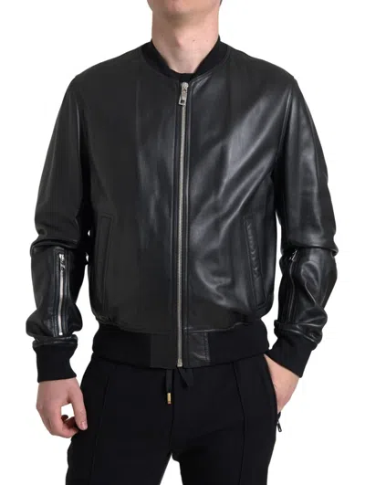 Dolce & Gabbana Black Leather Full Zip Bomber Men Men's Jacket