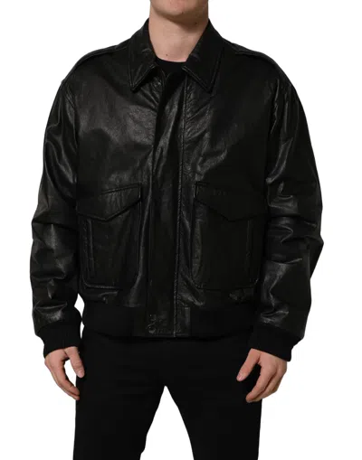 Dolce & Gabbana Black Leather Full Zip Men Biker Jacket