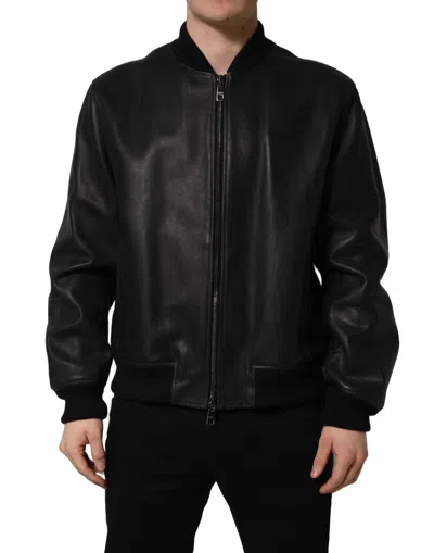 Dolce & Gabbana Black Leather Full Zip Men Biker Jacket