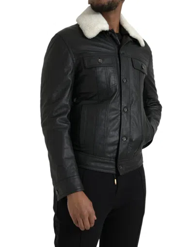 Dolce & Gabbana Black Leather Fur Collar Biker Coat Men's Jacket