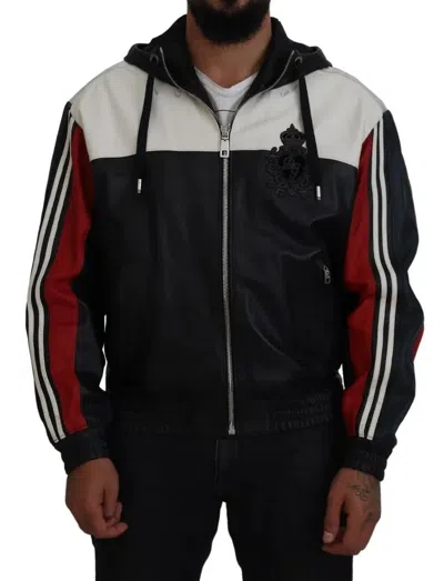 Pre-owned Dolce & Gabbana Black Leather Hooded Blouson Coat Men's Jacket () In Multicolor