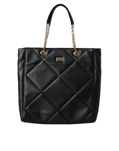 Dolce & Gabbana Black Leather Jungle Quilted Shopping Tote Women's Bag