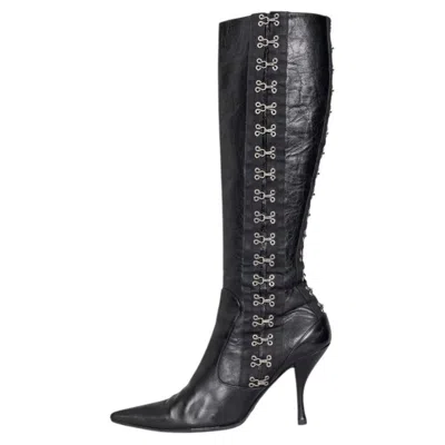 Pre-owned Dolce & Gabbana Black Leather Knee-high Stiletto Boots Sz.38