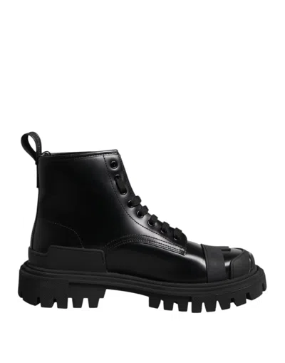 Dolce & Gabbana Black Leather Lace Up Mid Calf Boots Shoes