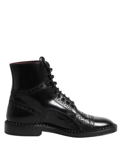 DOLCE & GABBANA BLACK LEATHER LACE UP MID CALF BOOTS SHOES