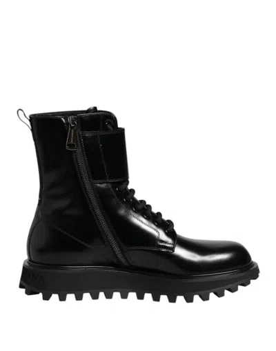 Dolce & Gabbana Black Leather Lace Up Mid Calf Boots Shoes In Pink
