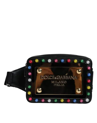 Pre-owned Dolce & Gabbana Black Leather Led Logo Belt Waist Fanny Pack Women's Bag ()
