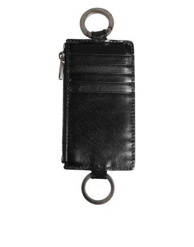 DOLCE & GABBANA DOLCE & GABBANA BLACK LEATHER LOGO EMBOSSED LANYARD CARD HOLDE MEN'S WALLET