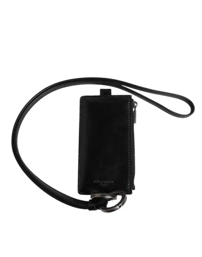 DOLCE & GABBANA BLACK LEATHER LOGO EMBOSSED LANYARD CARD HOLDER WALLET