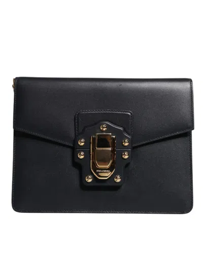 Pre-owned Dolce & Gabbana Black Leather Logo Gold Crossbody Purse Women's Bag ()