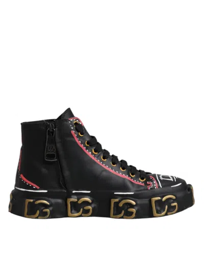 Pre-owned Dolce & Gabbana Black Leather Logo High Top Sneakers Men's Shoes ()