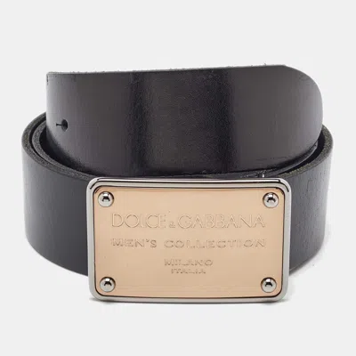 Pre-owned Dolce & Gabbana Black Leather Logo Plaque Belt 95cm
