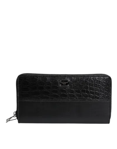 Pre-owned Dolce & Gabbana Black Leather Logo Plaque Zip Around Continental Men's Wallet ()